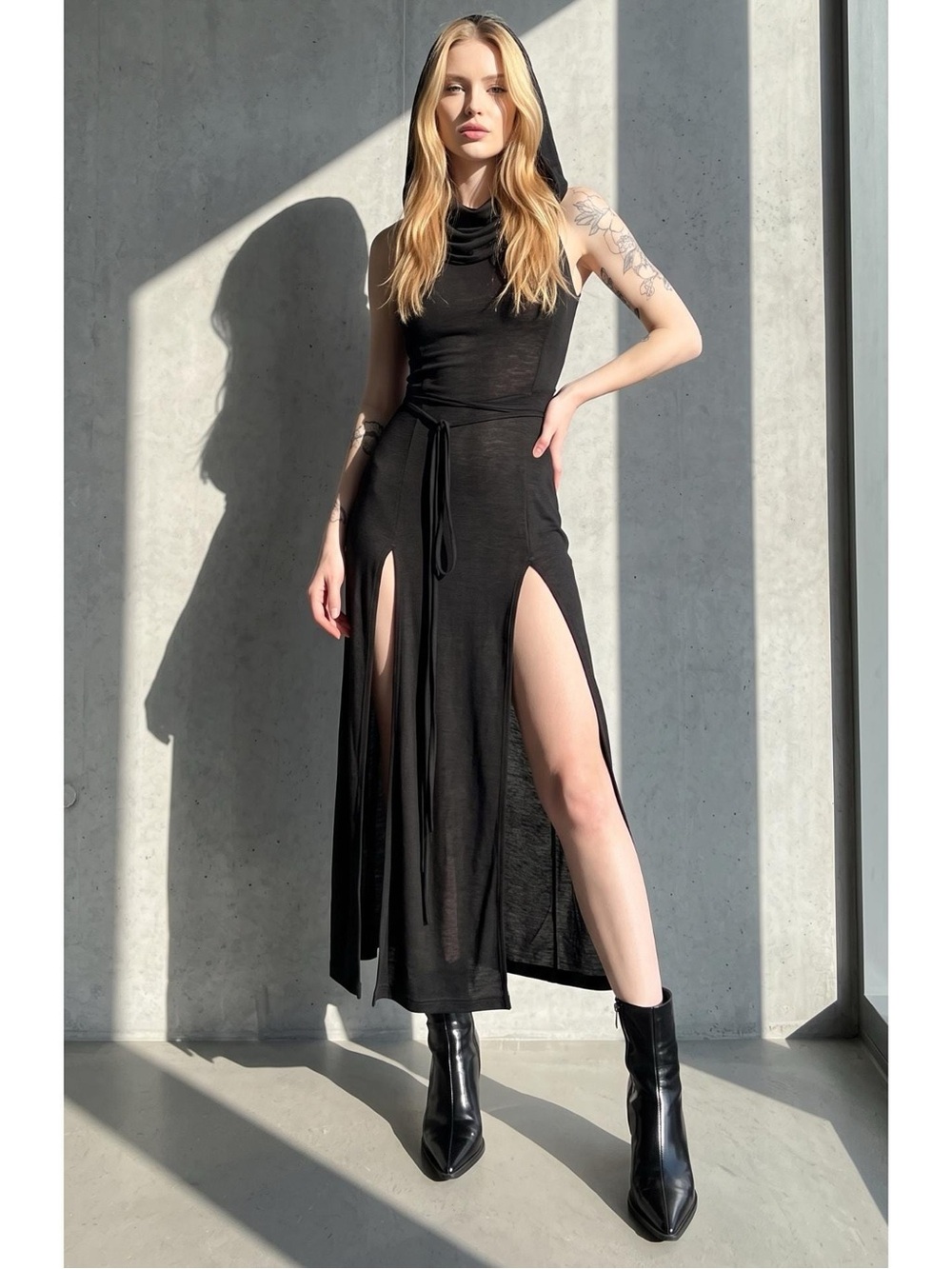 Sleeveless Hooded Black Maxi Dress with High Slits Women’s Size M (run small)